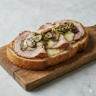 Crost con porchetta di ariccia, provola di agerola e funghi insaporiti