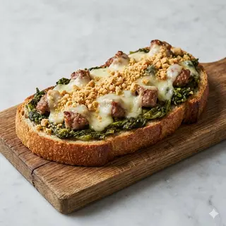 Crost salsiccia, provola di agerola, crema di friarielli e tarallo sbriciolato