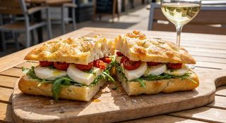 Focaccia con mozzarella di bufala, pomodorini e rucola