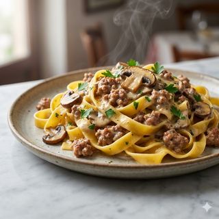 Fettuccine funghi, salsiccia, panna e grana