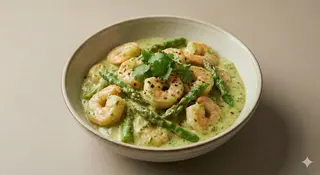 43. Gamberetti con asparagi e salsa avocado