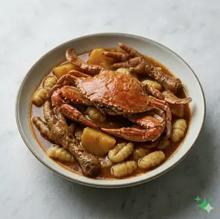 Granchio stufato con zampe di pollo patate e gnocchi