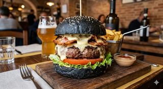 Hamburger di scamone 250 g con pane al carbone vegetale, insalata, cuore di bue, bacon e fonduta di castelmagno