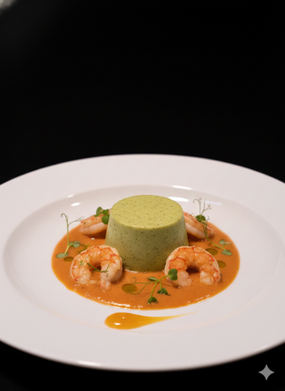 Il flan di carciofi con bisque e scampetto al vapore