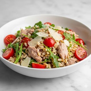 Insalata di riso e cereali pomodori, tonno, rucola e Grana