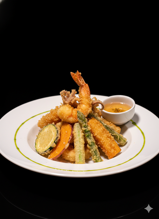 La frittura di gamberi e calamari con verdurine in tempura