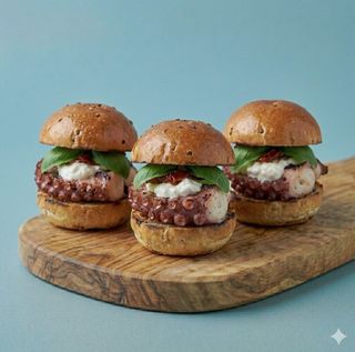 Mini burger polpo, stracciatella e pesto