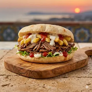 Panino, carne, patatine, salse
