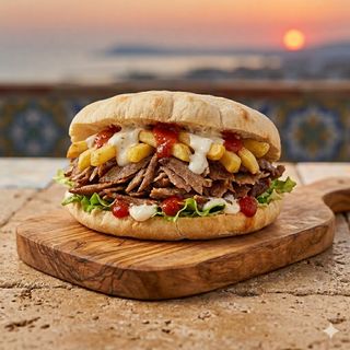 Panino, carne, patatine, salse