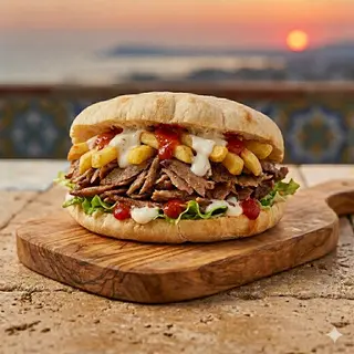 Panino, carne, patatine, verdure, salse