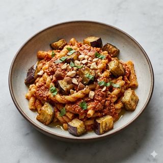 Pasta con il pesto alla trapanese e melanzane