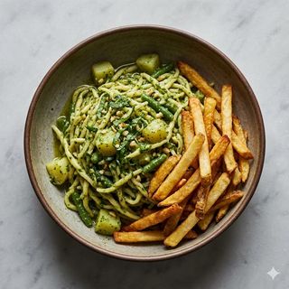 Pasta con pesto alla genovese e patatine fritte