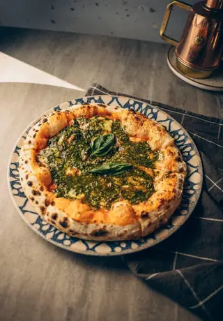 Pizza Pesto and Stracciatella