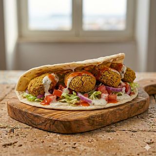 Piadina, falafel, verdure, salse