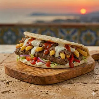 Piadina, carne, patatine, verdure, salse