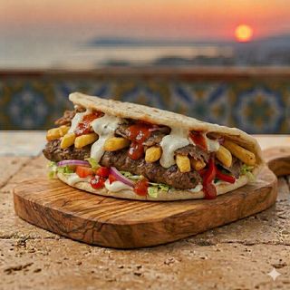 Piadina, carne, patatine, verdure, salse