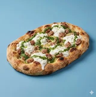 Salsiccia, stracciatella e pesto di basilico