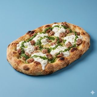 Salsiccia, stracciatella e pesto di basilico