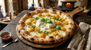 Pomodorini gialli, burrata e granella di pistacchio