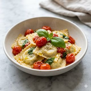 Ravioli con pomodoro datterini e basilico