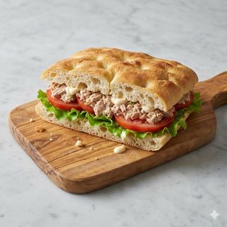 Schiacciata tonno, maionese, pomodoro a fette, insalata verde