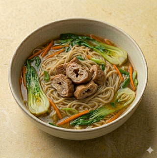 Spaghetti di riso con intestino crasso di maiale e verdure