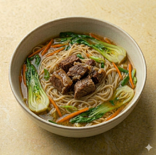 Spaghetti di riso con manzo stufato e verdure