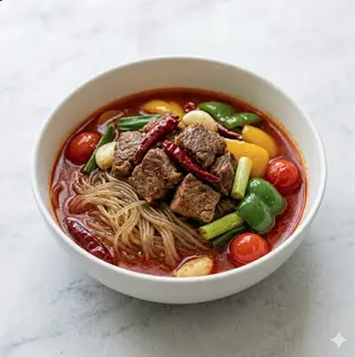 Spaghetti di soia in brodo piccante con agnello
