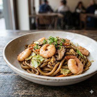 Spaghetti udon con gamberi