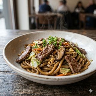 Spaghetti udon con manzo