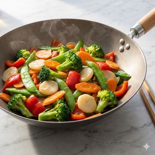 Verdure miste saltate con gamberi