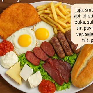 Bosanski specijal doručak (ćevapi-pohovana piletina-jaje-suh.meso-sirevi-pomfrit)