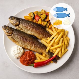 Riba Pastrmka specijal sa pomfritom, pečenim povrćem, sirom i kajmakom