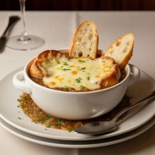 Френска лучена супа с хрупкав хляб и разтопено сирене 300 гр.