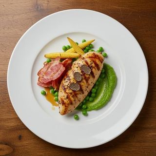 Пилешко филе на Josper с трюфел, панчета, бейби царевички и пюре от грах 350 гр.