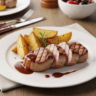 Свински бон филенца с Уеджис картофки и сос Деми глас 300 гр.