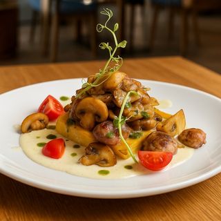 Хрупкава полента със сос четири сирена, фермерска наденица и диви гъби 250 гр.