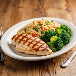 Пилешко филе с пилаф и задушени броколи 300 гр.