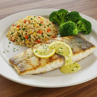 Филе от лаврак с пилаф, задушени броколи и лимонов сос 300 гр.