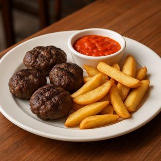 Телешки кюфтенца с пържени картофи и лютеница 300 гр.