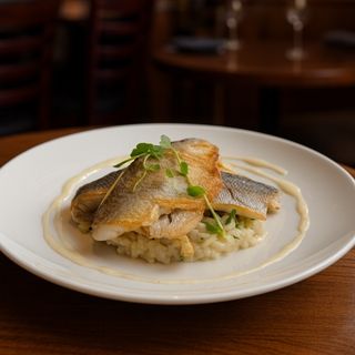 Филенца от лаврак с ризото зелена ябълка и спанак, пюре от пащърнак и лимонов дресинг 300 гр.