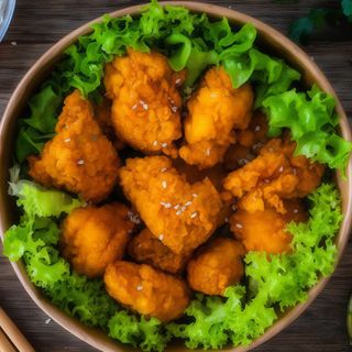 Панирани пилешки хапки в соев сос с гъби печурки (500г)