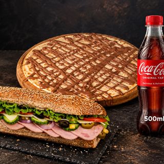 Голям сандвич с шунка и кашкавал + Coca-Cola 500 мл + палачинка с шоколад