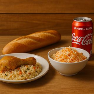 Пилешко бутче с ориз + Салатазеле и морков + Франзела + Кока Кола кен