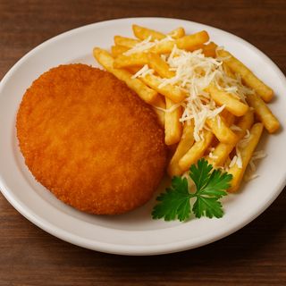 СВИНСКИ ШНИЦЕЛ С ПЪРЖЕНИ КАРТОФИ И СИРЕНЕ (0.450гр)