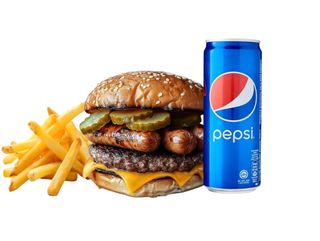 Дойчвурст със сочно телешко картофки и Pepsi