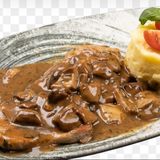 Свинско бон филе с гъби, картофено пюре и сос "Грейви(400гр)