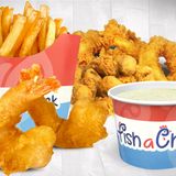 Калмари 4 бр., джъмбо скариди 2 бр., миди 150 гр., картофки малки и дип тартар