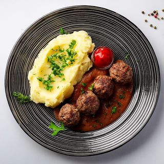 Телешки кюфтенца с мачкани картофи, билки и салца