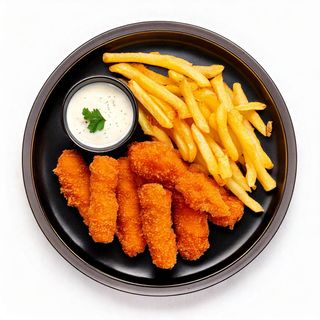 Пилешки пръчици с пържени картофи и млечен сос